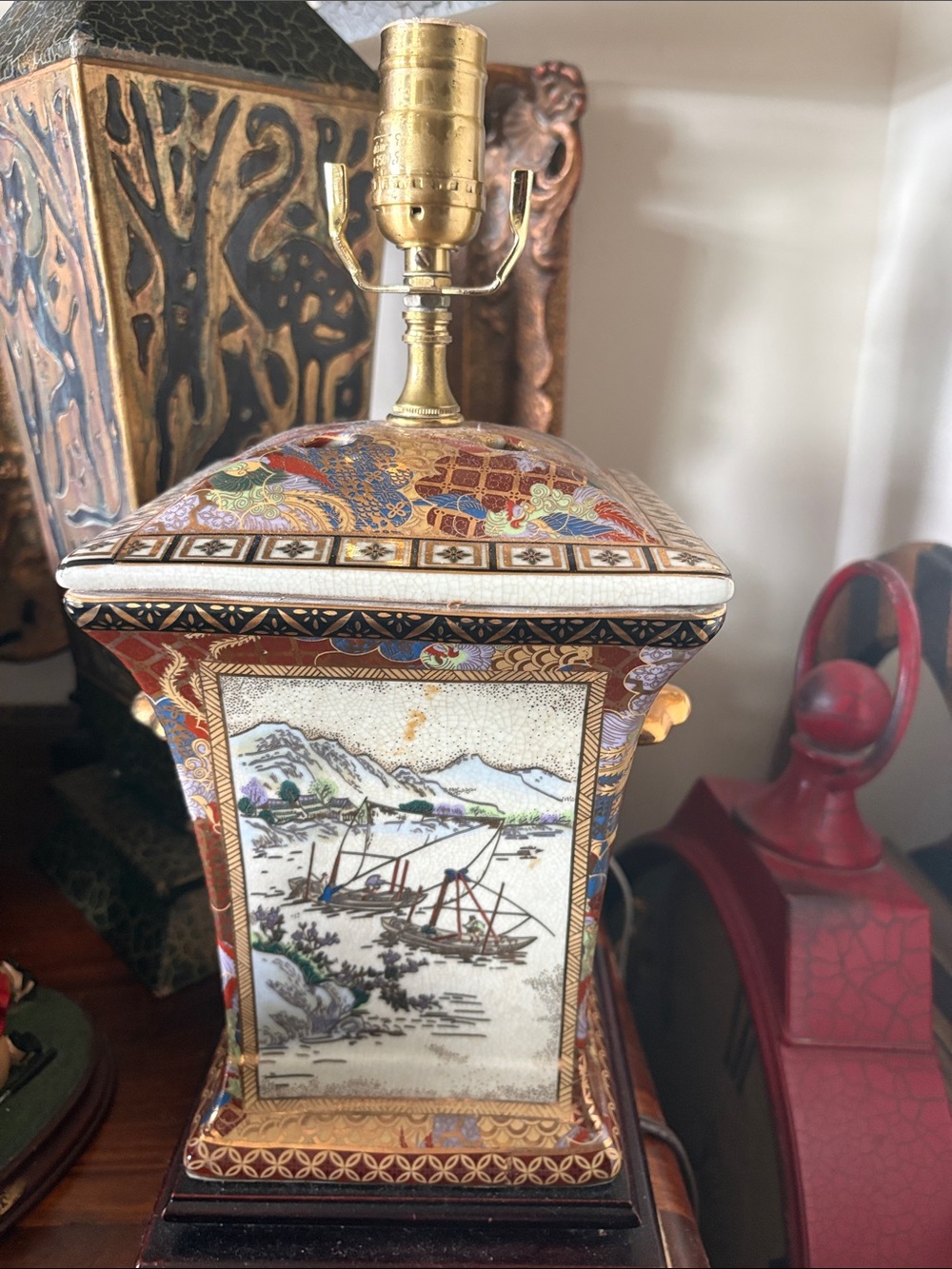 Decorative Ceramic Table Lamp with Red, Gold and Multicolor Asian Motif